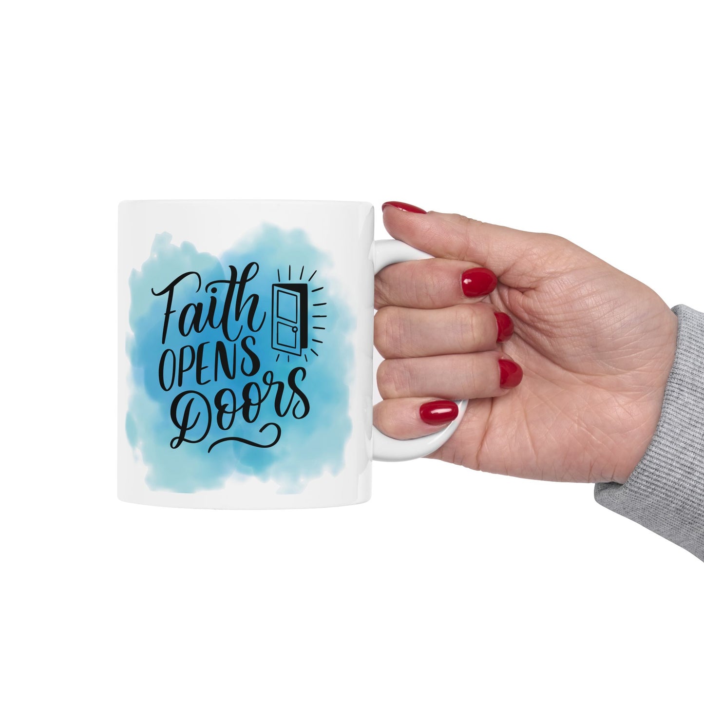 Taza de Cerámica — “Faith Opens Doors” Taza Inspiracional con Diseño de Acuarela Azul para Café (11oz y 15oz)