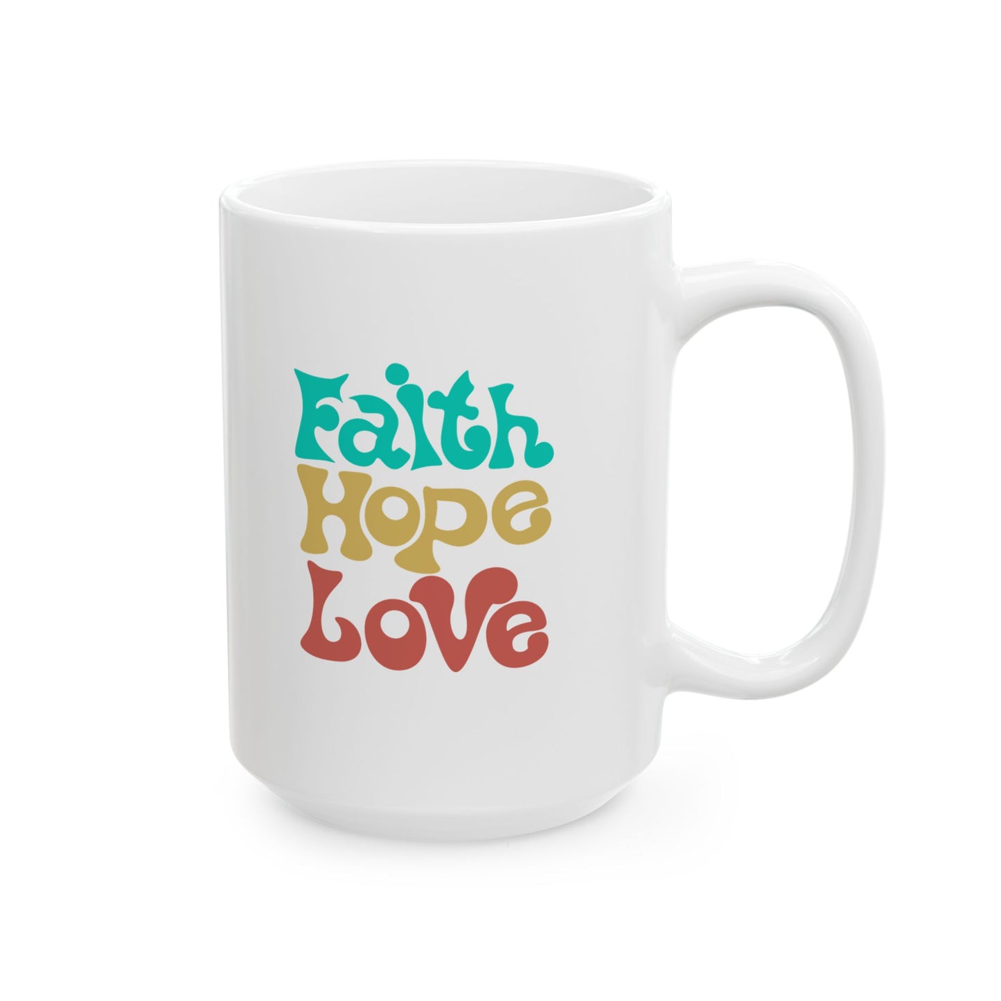 Taza — Linda Taza de Cerámica Estilo Boho con Diseño Retro “Faith Hope Love” (11oz y 15oz)