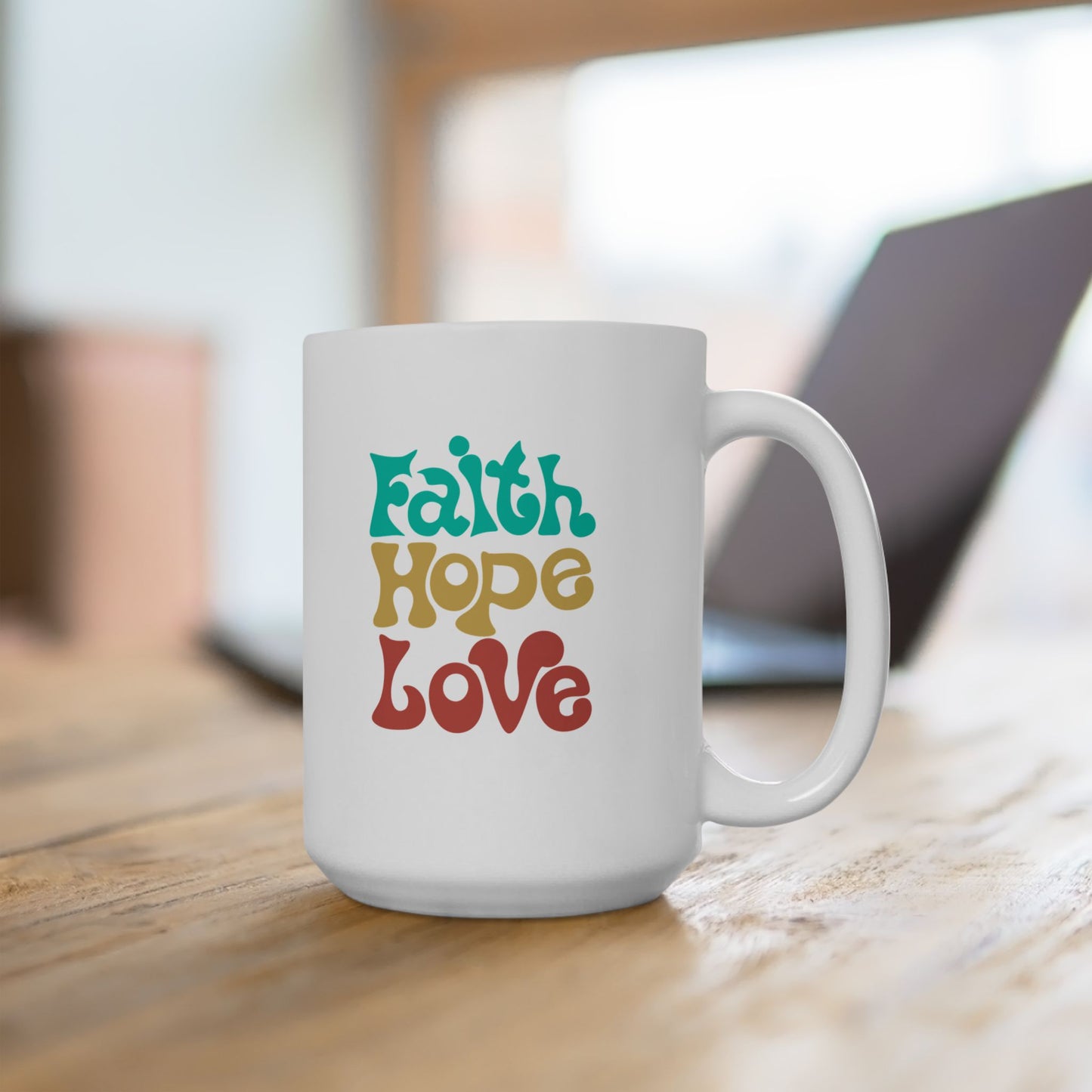 Taza — Linda Taza de Cerámica Estilo Boho con Diseño Retro “Faith Hope Love” (11oz y 15oz)