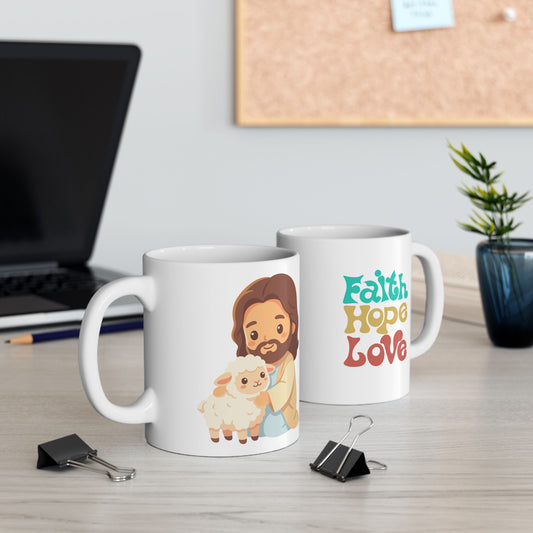 Mug — Cute Boho Girl Ceramic Coffee Mug with Retro “Faith Hope Love” Design (11oz & 15oz)