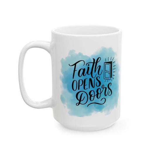 Taza de Cerámica — “Faith Opens Doors” Taza Inspiracional con Diseño de Acuarela Azul para Café (11oz y 15oz)