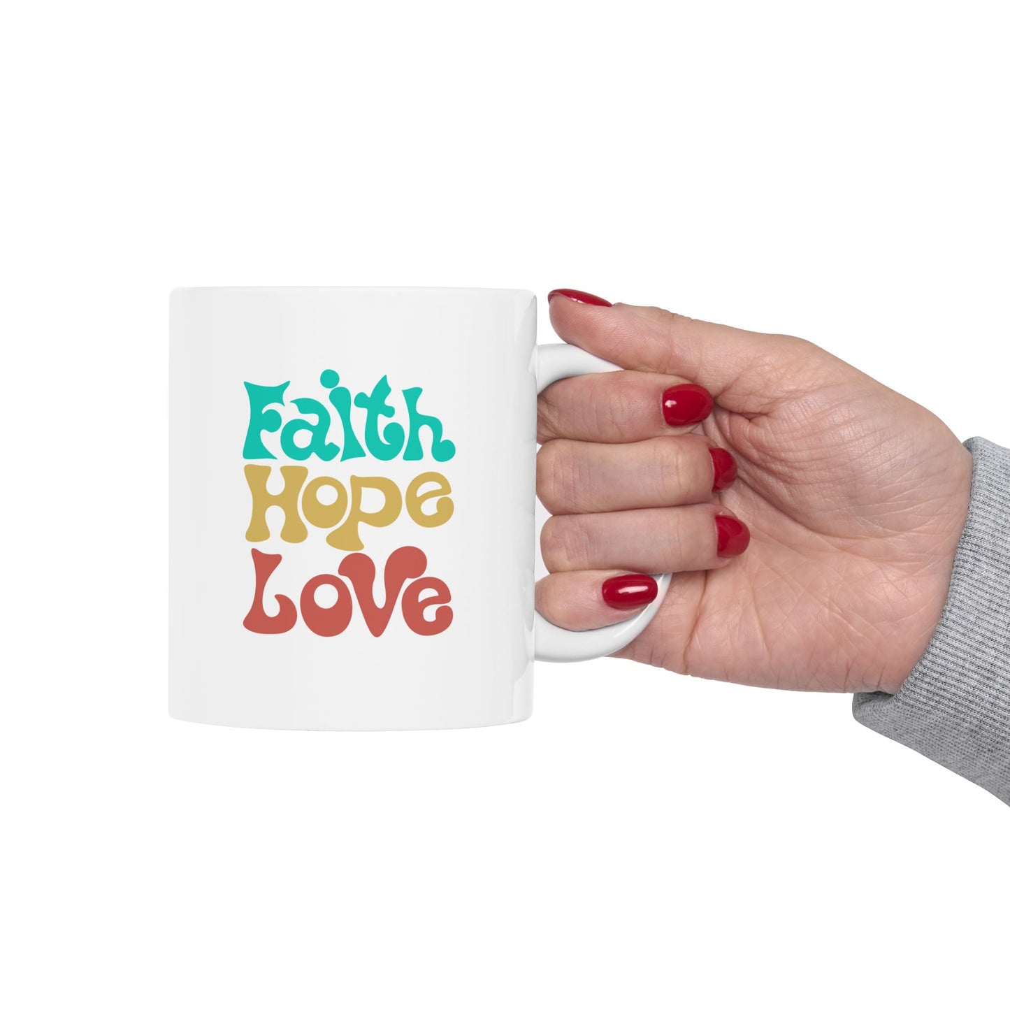 Taza — Linda Taza de Cerámica Estilo Boho con Diseño Retro “Faith Hope Love” (11oz y 15oz)