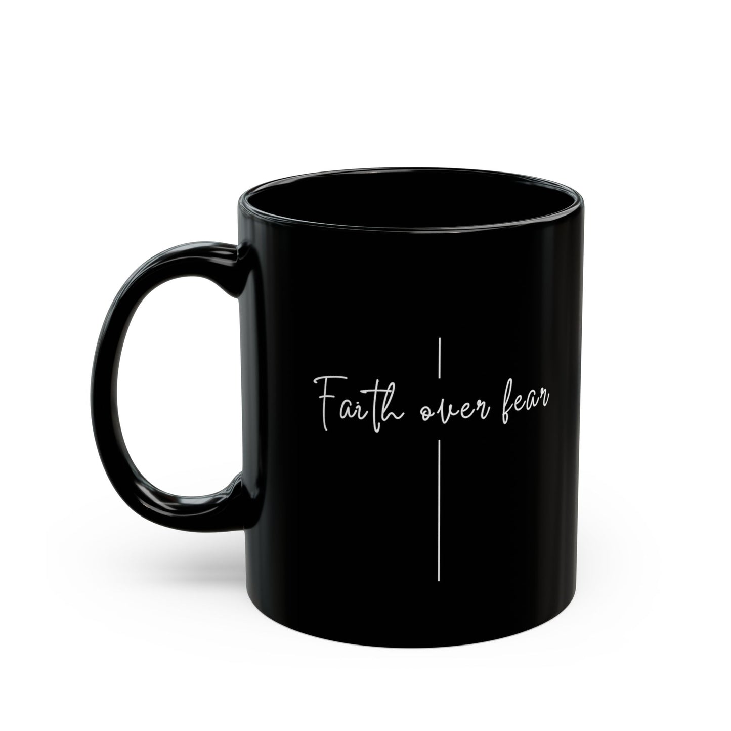 Taza Negra “Faith Over Fear” — Taza Cristiana Inspiradora para Café (11oz/15oz)
