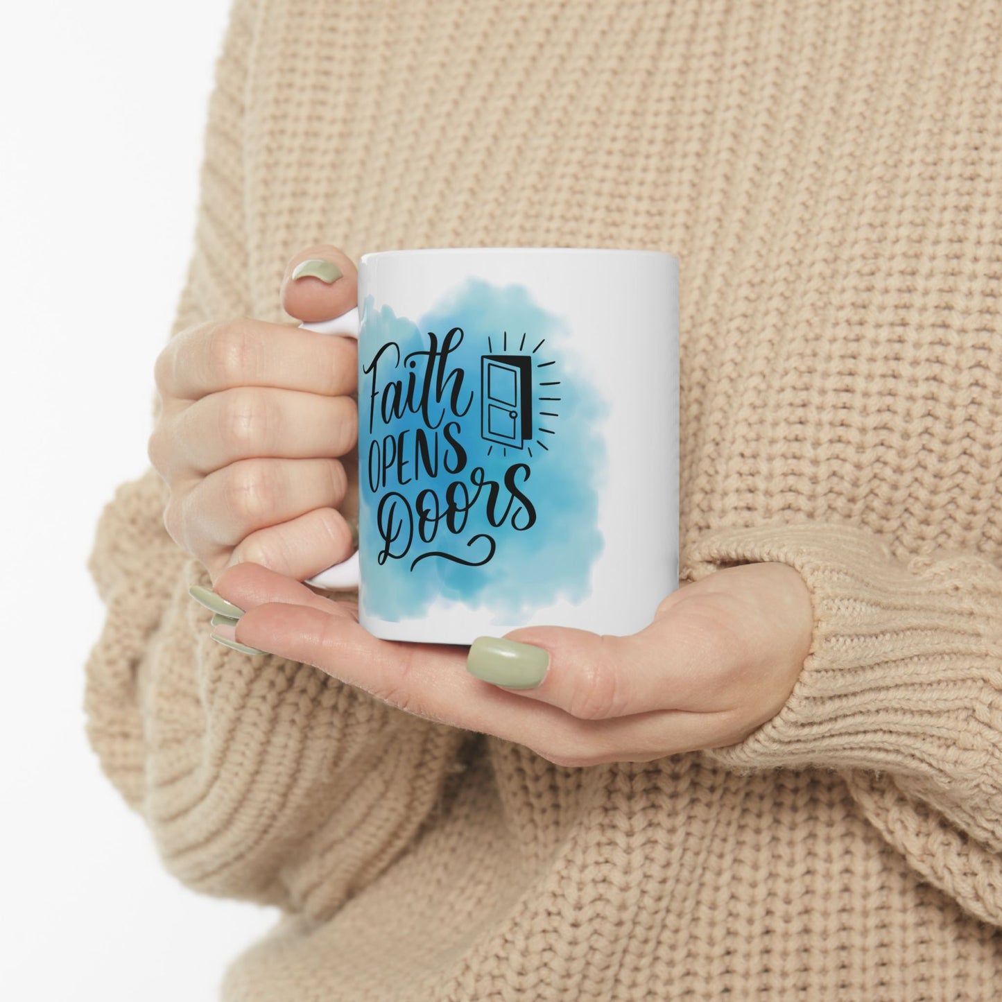 Taza de Cerámica — “Faith Opens Doors” Taza Inspiracional con Diseño de Acuarela Azul para Café (11oz y 15oz)