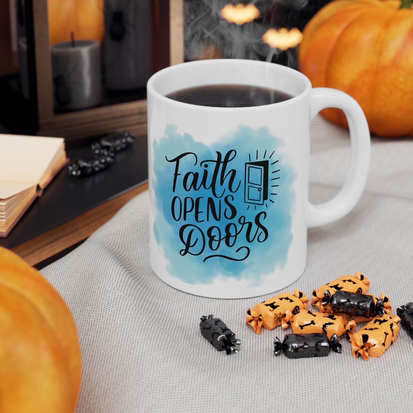 Taza de Cerámica — “Faith Opens Doors” Taza Inspiracional con Diseño de Acuarela Azul para Café (11oz y 15oz)