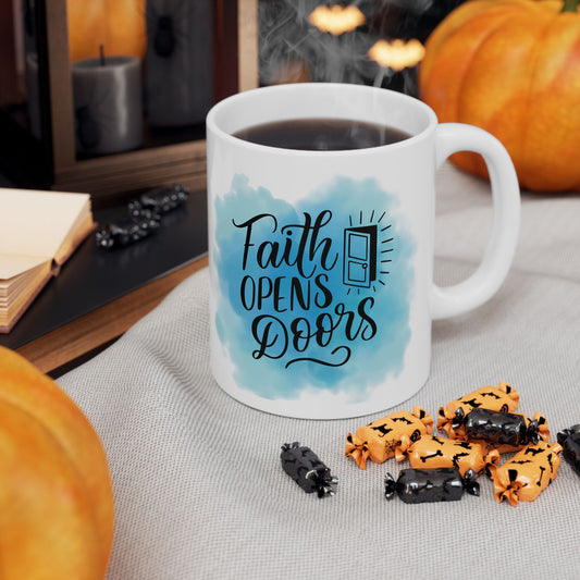 Taza de Cerámica — “Faith Opens Doors” Taza Inspiracional con Diseño de Acuarela Azul para Café (11oz y 15oz)