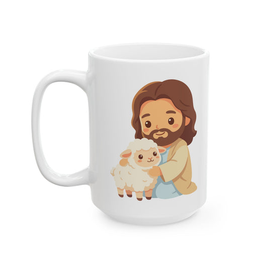 Mug — Cute Boho Girl Ceramic Coffee Mug with Retro “Faith Hope Love” Design (11oz & 15oz)