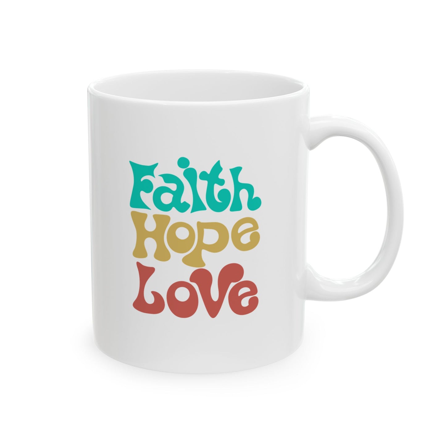 Taza — Linda Taza de Cerámica Estilo Boho con Diseño Retro “Faith Hope Love” (11oz y 15oz)